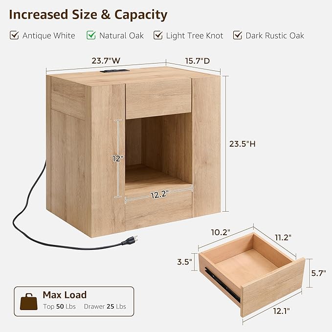OKD 24'' Modern Nightstands Set of 2, Large Wooden End Table with Charging Station & Drawer & Storage Shelf, Rustic Square Bedside Table for Bedroom, Living Room, Wood Thick Design,Natural Oak