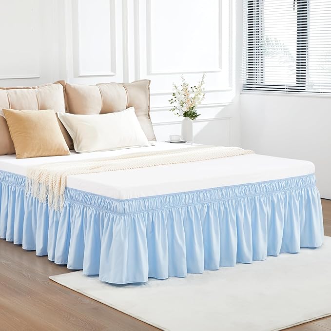 RIMELA Light Blue Bed Skirt King Size 18 Inch Drop, Elastic Bed Skirting for Bed Base and Frame, Bedding Dust Ruffle Easy to Install, Lightweight Wrap Around Adjustable Bedskirt