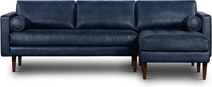 Poly & BARK Napa Right-Facing Sectional Sofa – 104.5” Italian Leather Sectional with Chaise – Midnight Blue – Full-Grain Pure-Aniline & Semi-Aniline Upholstery