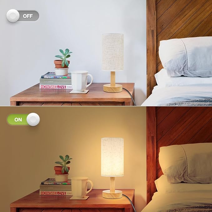 Small Bedside Table Lamp for Bedroom,Natural Round Wood Base&Fabric Linen Shade,Cozy Night Table Light for Study Reading,Minimalist Boho Desk Lamp for Nightstand,Living Room,Nursery,Kitchen,Dorm