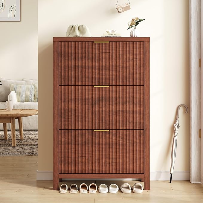 Shoe Cabinet Storage for Entryway, Fluted Shoe Cabinet with 3 Flip Drawers, Hidden Shoe Rack Tall Freestanding Shoe Organizer with Legs for Hallway, Walnut