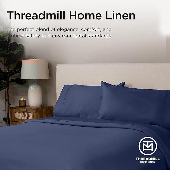 Threadmill Supima Cotton Sheets Queen, 1200 Thread Count Queen Sheet for Queen Mattresses, 4 Piece Luxury Bed Sheets, Sateen Weave Hotel Quality Sheets with Elasticized Deep Pocket, Folkstone Blue