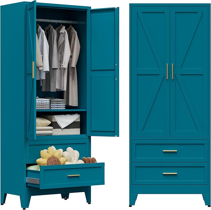 COFaR Metal Wardrobe Cabinet, 71 Farmhouse Armoire Wardrobe Closet with Rods, 2 Barn Doors, Adjustable Shelves, Steel with 2 Drawer Bedroom armoires, Blue Green