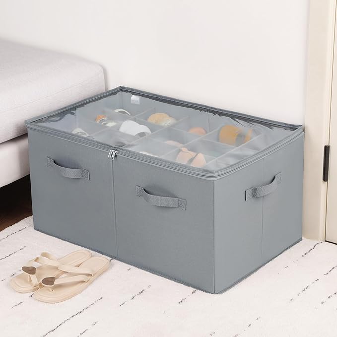 Shoe Organizer for Closet 2 Pack, Foldable Shoe Box with Adjustable Dividers and Clear Cover, Space Saving Shoe Storage Organizer Cabinet with Reinforced Handles, Fits 40 Pairs, Gray, TP11G