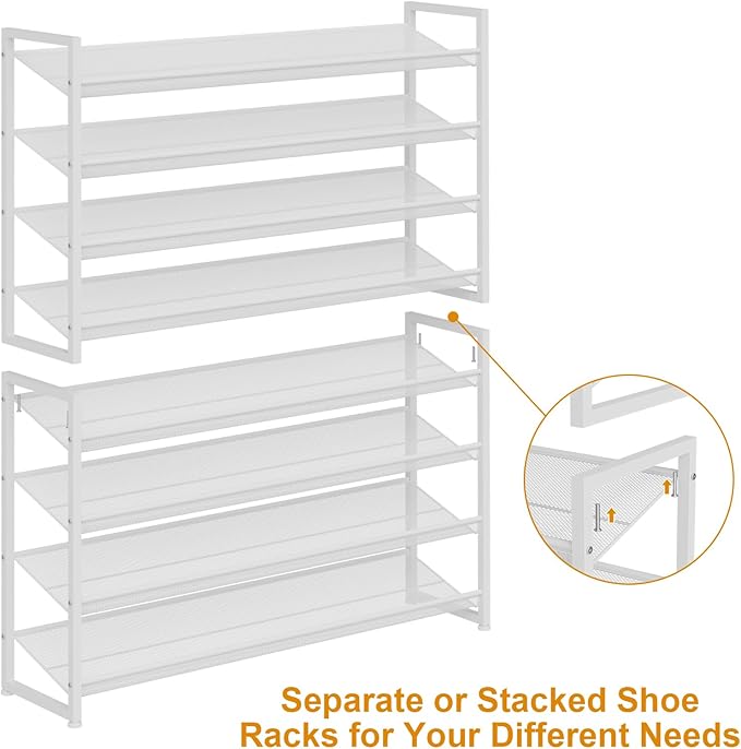 Large Shoe Rack 8 Tier Shoe Organizer, Heavy Duty Metal 4-Tier Stackable Shoe Storage Vertical Shoe Rack for Closet Front Door Entrance, Up to 50 Pairs, 44.8" W x 11.4" D x 56.7" H, White