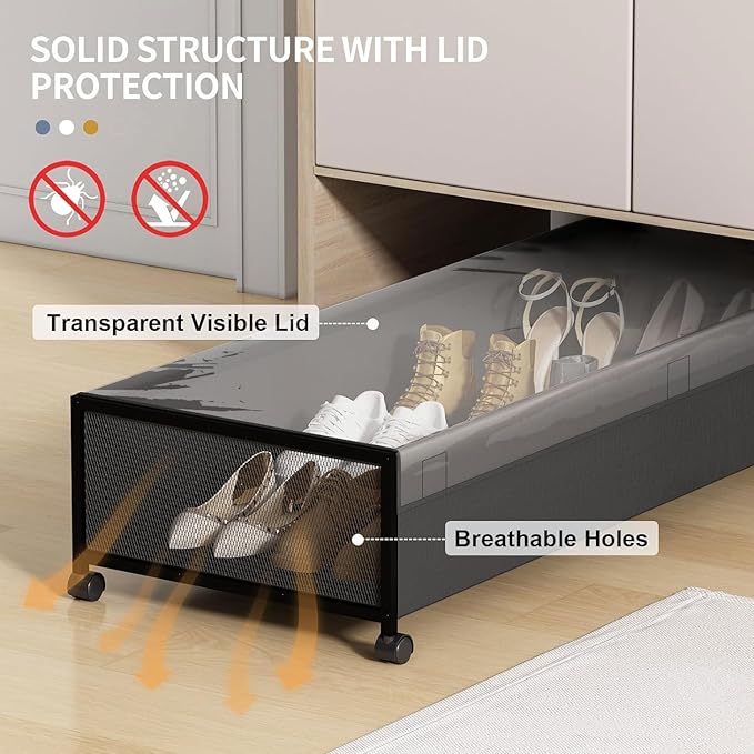 Under Bed Storage with Wheels, XXXL Larger Under Bed Storage Containers with Clear Lids, 36'' Lengthen Under Bed Shoe Organizer, Rolling for Shoes Clothes (Black 1 Pack, XXXL(36"x16.6"x7.48"))
