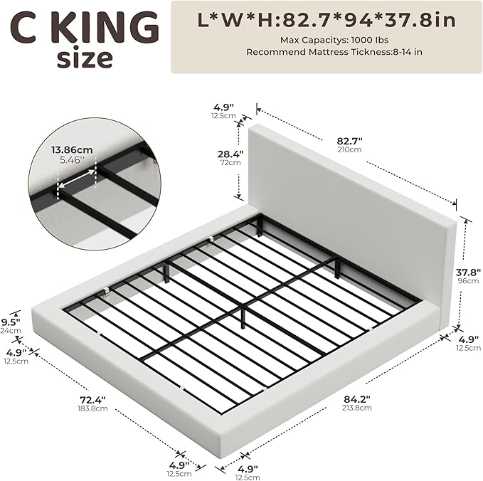 RECCI Cloud Upholstered California King Bed Frame with Headboard, 5 Inch Foam Padded Platform, No Box Spring, Easy Assembly (Snow White)
