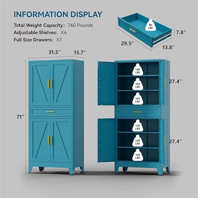71" Tall Farmhouse Pantry Cabinet,Metal Cabinet with Adjustable Shelves and Doors,Storage Cabinet for Kitchen Garage,Blue