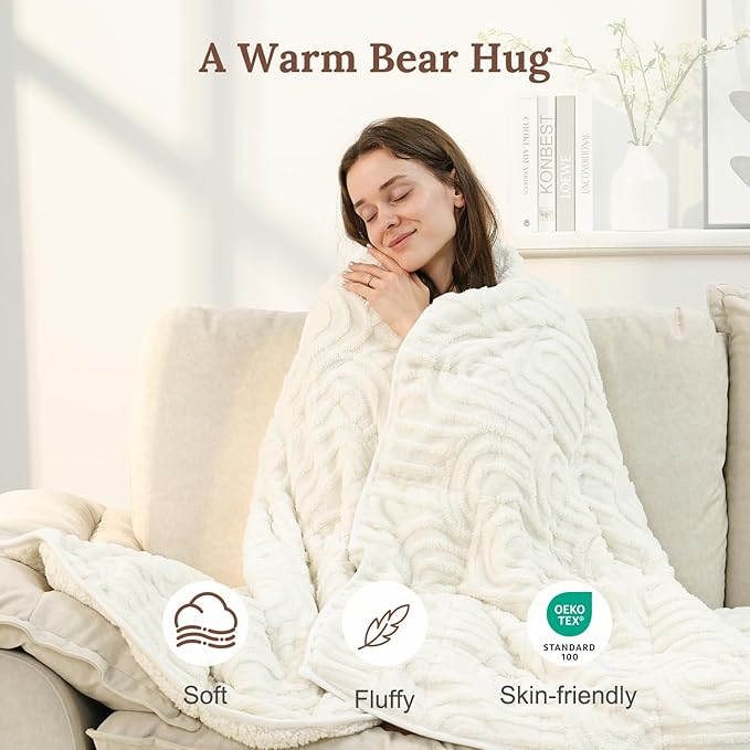 Sherpa Fleece Adult Weighted Blanket Great for Sleep, 20 lbs Dual Sided Soft Fuzzy Heavy Blankets for Couch Bed Sofa, Cozy Warm Arched Jacquard Throw for Winter (Cream White, 60" x 80", 20 Pounds)