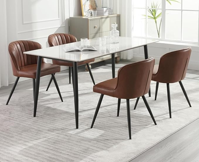 EALSON Modern Dining Chairs Set of 6 Upholstered Leather Accent Dining Room Chairs with Metal Legs Comfortable Armless Kitchen Chairs for Living Room/Dining Room, Brown
