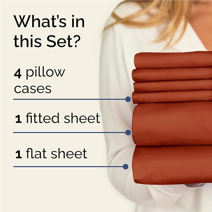 Full 6 Piece Sheet Set - Cooling, Comfy & Breathable - Hotel Luxury Bedding, Includes Fitted Sheet for Women, Men, Kids & Teens - 1 Flat, 1 Fitted Sheet, 4 Pillowcases with Deep Pockets - Terracotta