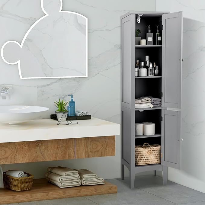 COSTWAY Tall Bathroom Storage Cabinet, 5-Tier Freestanding Linen Tower Cabinet with 2 Doors, Wooden Side Storage Organizer, Narrow Slim Floor Cabinet for Bathroom, Living Room, Kitchen (Grey)