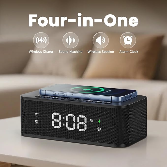 Digital Alarm Clock White Noise, Loud Digital Alarm Clocks Bedrooms, Alarm Clock Speaker Wireless Charger AUX USB Bluetooth Speaker 12/24H Dual Alarm Snooze Adjustable Brightness, Black