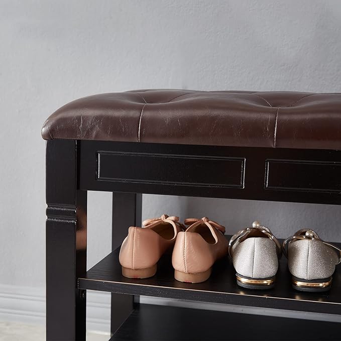 Shoe Storage Bench with Cushion, Entry Bench with Storage Solid Wood Shoe Bench Ideal for Entryway Living Room and Corridor (Black, 39.4'')
