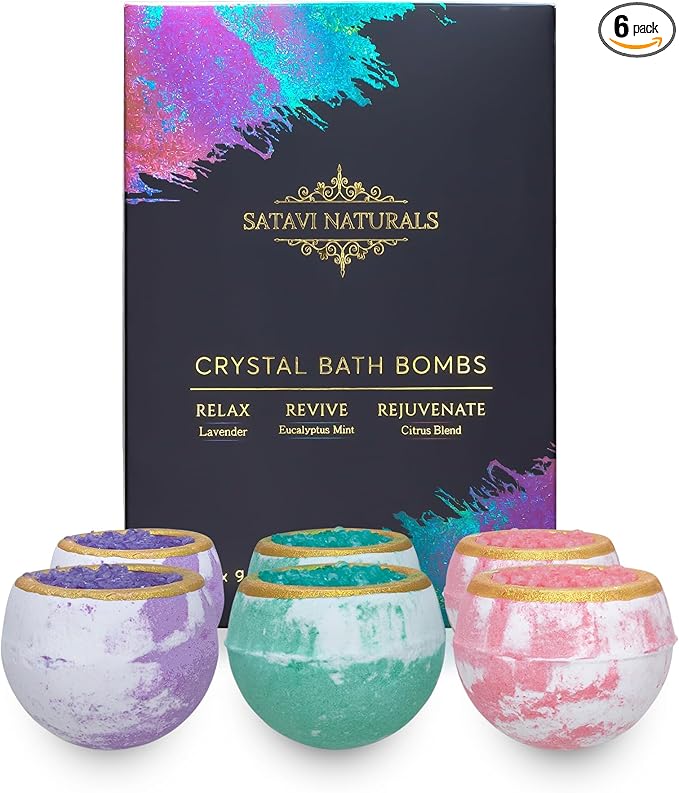 Crystal Bath Bombs Gift Set (6 Pack) – Luxurious Aromatherapy Bath Bombs with Nourishing Bath Salts | Lavender, Eucalyptus Mint & Citrus Blend | Spa Relaxation & Self Care Gifts for Women