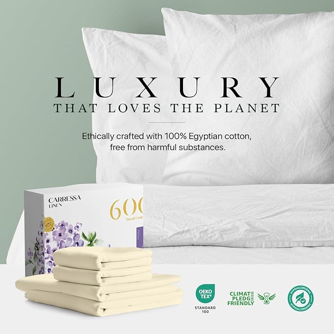 Carressa Linen 100% Egyptian Cotton Full Size Sheets - 600 Thread Count Full Size Egyptian Cotton Sheets (4 PC, Ivory Cream), Soft, Cooling, 16" Deep Pocket Sateen Weave Luxury Hotel Bed Sheet Set