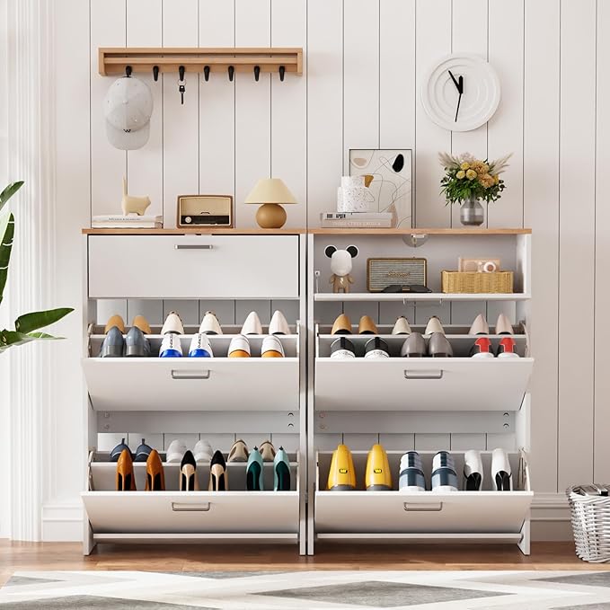VINGLI Shoe Cabinet Storage for Entryway Ultra Slim with 2 Flip &1Drop-Down Drawers, 24.8" W Narrow Shoe Cabinet for Front Door Entrance,Freestanding Modern White Wood Shoes Organizer for Hallway