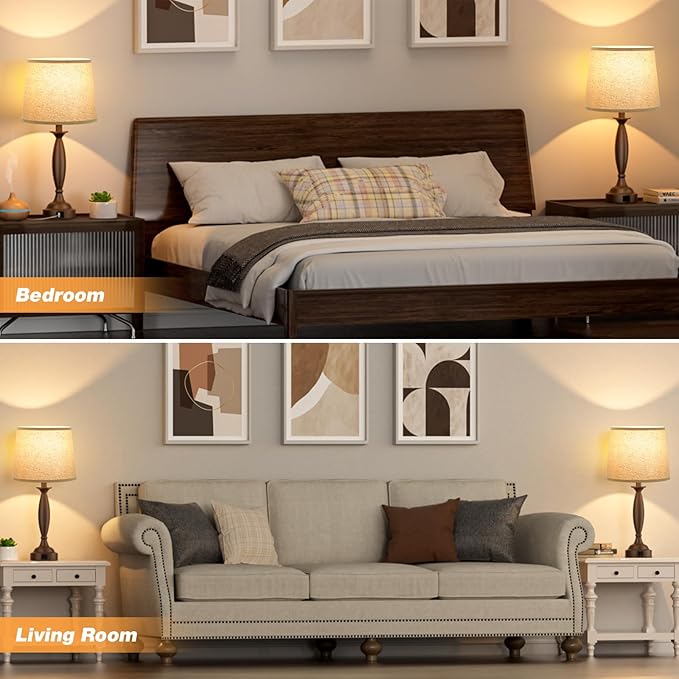 Seealle Beige Brown Lamps for Bedrooms Set of 2 - Touch Control Bedside Lamp with USB C+A, 3 Way Dimmable Nightstand Lamps with USB Port, Table Lamp for Living Room(Beige Shade and Brown Base)