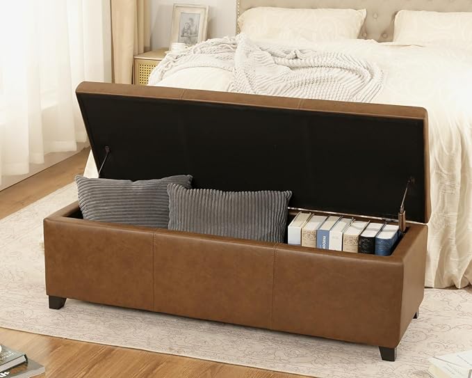 Joveco 47 Inch Storage Ottoman Bench,Tufted Leather Storage Bench with Nailhead Trim for Bedroom (47”,Ochre Yellow)