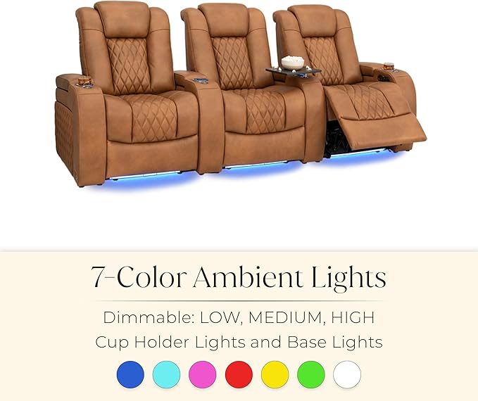 Seatcraft Diamante Zero-Gravity CoolZero Italian Leather Home Theater Seating, Power Headrest, Power Recline, Row of 4 Dual Loveseats, Tawny