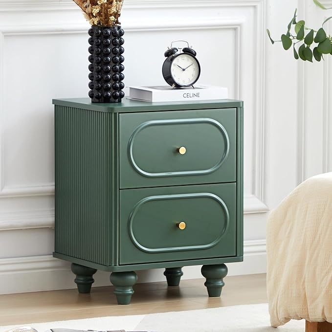 2 Drawer Fluted Mini Small Dresser for Bedroom Set of 2, Mid Century Modern Nightstand Bedside End Table, Wood Storage Dresser Organizer for Bedroom, Green