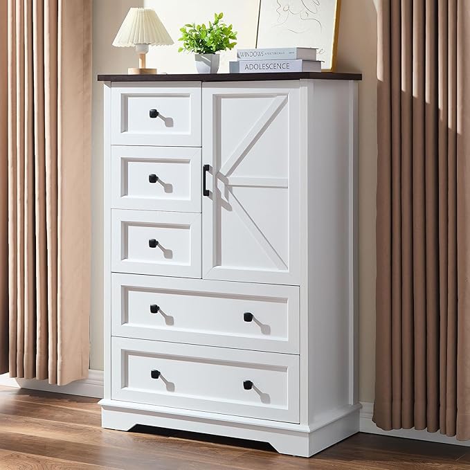 SOOWERY White Dresser for Bedroom, 5 Drawers Farmhouse Wood Dresser with Double Storage Cabinet, 48 Inches Tall Chest of Drawers for Bedroom, Living Room, Hallway