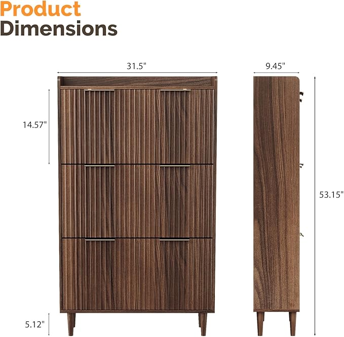 VINGLI Fluted Shoe Storage Cabinet for Entryway with 3 Flip Drawers, Narrow Shoe Organizer with Fluted Panel, Freestanding Wood Hidden Shoe Cabinet for Foyer, Hallway (Dark Walnut, 3 Flip Drawers)