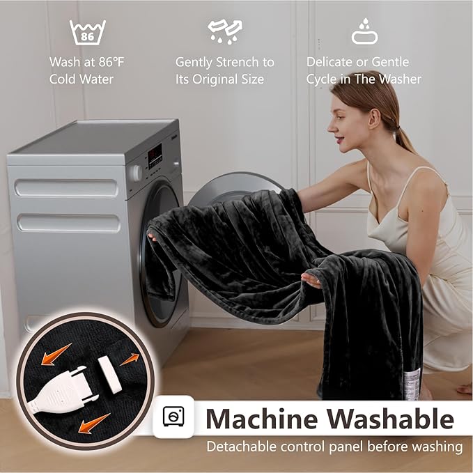 Wapaneus Heated Blanket Electric Blanket 72" x 84" Full Size with 10 Heating Levels and 12 Hours time Settings, Flannel Fast-Heating Electric Blanket, ETL Listed, Machine Washable, Black