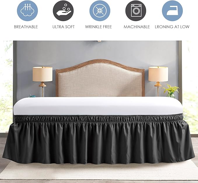 FreshCulture Twin Bed Skirt, Elastic Wrap Around Bed Skirt Twin Size, Bed Skirts for Adjustable Bed, Easy Fit with 18 Inch Drop Length, Hotel Quality Dust Ruffle for Twin Bed (Black)