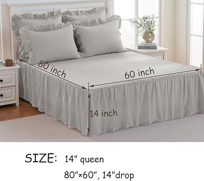 Queen Size 14 inch Drop Light Grey Dust Ruffle, 100% Lightweight Cotton Ruffled Bed Skirt, French Coutry Style, Lace Ruffled Bed Skirt with Split Corners