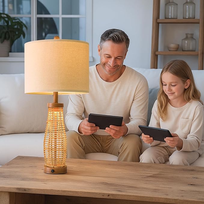 OYEARS 28" Table Lamps Set of 2 with Dual Night Lights, Bedside Lamps for Bedroom, Boho Lamp for Living Room, Rattan Table Lamp with Linen Shade, Farmhouse Lamp with Wood Grain Finish (Bulb Included)