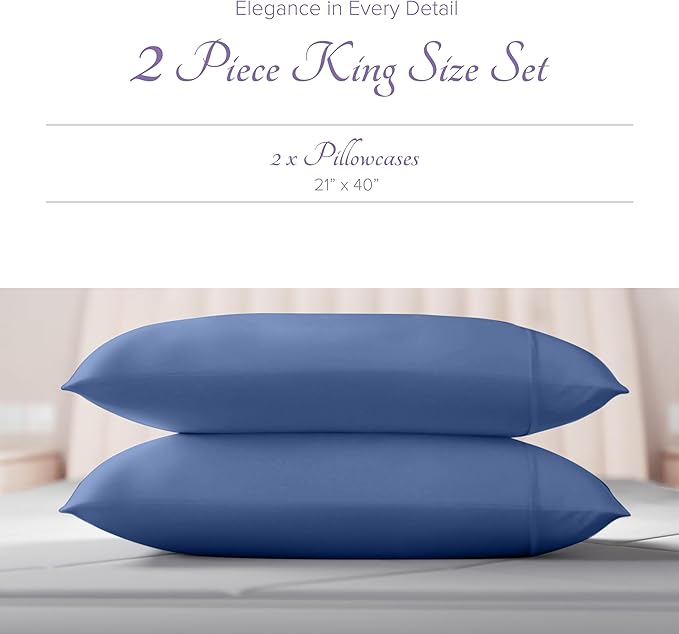 Carressa Linen 100% Egyptian Cotton King Size Pillow Cases Set of 2 - Luxury 600 Thread Count King Pillowcases (Deep Blue), Silky Soft, Cooling, Breathable Sateen Weave Hotel Quality Bed Pillow Cover