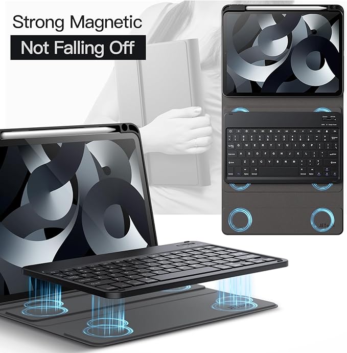 JETech Keyboard Case for iPad Air 11-Inch M3/M2 (2025/2024), iPad Air 5th/4th (10.9-Inch 2022/2020) with Pencil Holder, Magnetic Detachable Bluetooth Keyboard, TPU Back Stand Cover (Black)