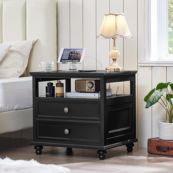 Farmhouse Nightstand Set of 2 with Charging Station, 24" Wide End Table with 2 Drawers,Wood Dresser for Bedroom,Black Bed Side Table Chest of Drawers Cabinet,Night Stand for Living Room