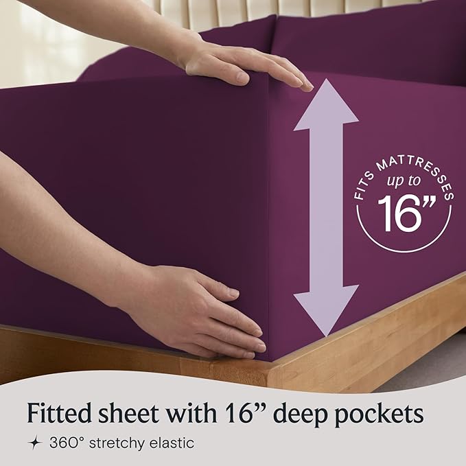 LuxClub 4 PC Full Sheet Set, Deep Pockets Wrinkle Free Cooling Bed Sheets Hotel Bedding for Women, Men, Kids & Teens, Includes 1 Fitted Sheet, 1 Flat Sheet and 2 Pillowcases-Soft Eggplant