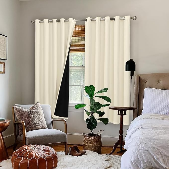 BGment Thermal Insulated 100% Blackout Curtains 63 Inch Length 2 Panels, Total Light Blocking Curtains for Bedroom, Grommet Window Drapes with Thick Black Liner, 60 Inch Wide Each Panel, Cream