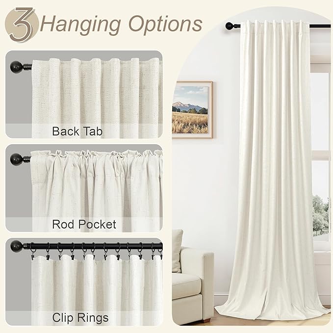 Pitalk Curtains for Living Room 90 Inch Long Blackout Linen Boho Black Out Insulated Thermal Curtains for Winter Sliding Glass Patio Doors 2 Panels Set Pleated Back Tab 42 x 90 in Length Ivory Cream
