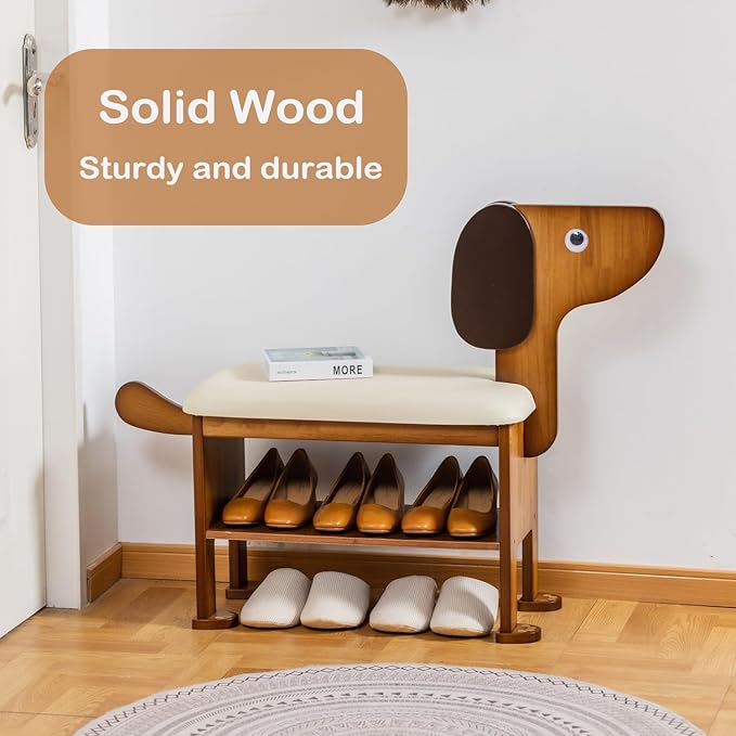 Shoe Bench with Cushion, 2-Tier Dog Entryway Bench Cute, Wood Shoe Rack Bench,23.62 inches