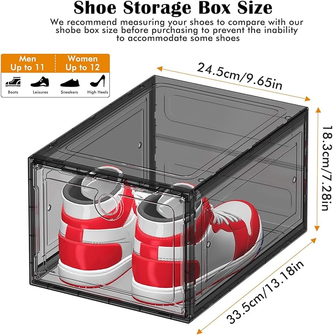 6 Pack Upgrade Harder Shoe Organizer, Shoe Storage with Magnetic Front Door, Clear Shoe Boxes Foldable Space-Saving Shoe Rack for Sneaker Boot Container, Black