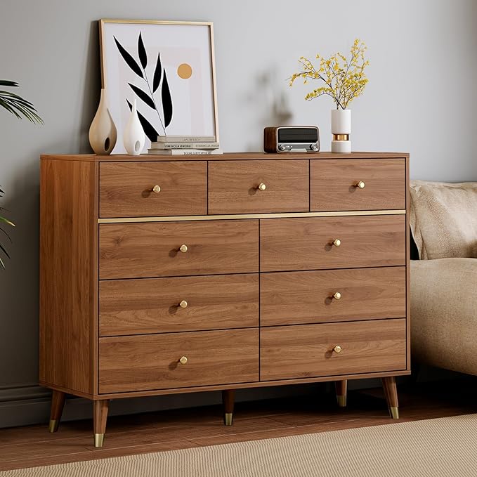 Modern Chest of Drawers with 9 Drawers,Deep Drawers,Clothes Organizer,Large Storage Cabinet for Living Room, Bedroom,Hallway,with Anti-Tipping Device,Brown
