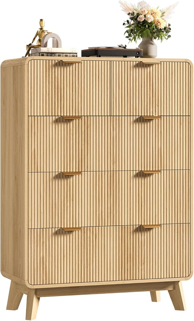 QUW Fluted Dresser for Bedroom with 5 Drawers, Modern 40.2" Tall Drawer Dressers with Metal Handle, Wooden Chest of Dresser for Living Room, Hallway, Natural Oak