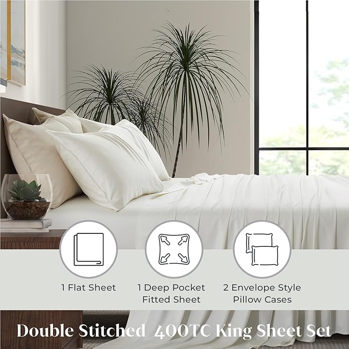 Luxury Bamboo Market | King Size Bed Sheet Set | 100% Viscose Made from Bamboo | Organically Grown | Ultra Soft | Cooling Sheets for Hot Sleepers | 17" Deep Pocket [Opulent Ivory]