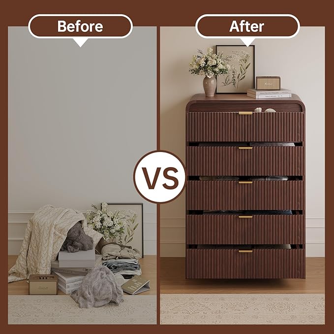 FURSUN Fluted 5 Drawers Dresser for Bedroom, 48" Tall Wooden Modern Dresser with Metal Handle, Curved Profile Design, Storage Organizer for Bedroom, Living Room, Hallway, Dark Walnut