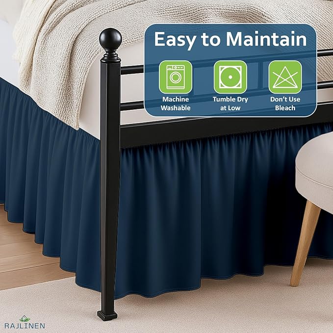 Rajlinen Ruffled Bed Skirt Queen, 24 Inch Drop Dust Ruffle with Split Corners, 100% Microfiber Bedskirt with Platform, Three-Sided Coverage Ruffled Gathering Design, Navy Blue