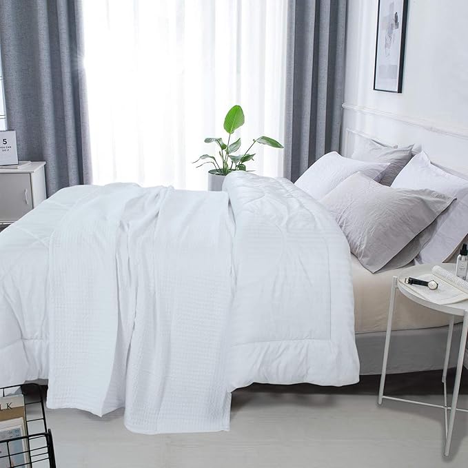 HILLFAIR 100% Combed Cotton Blanket– Queen Size Bed Blanket– Warm Soft All Season Breathable Lightweight Summer Blankets– Waffle Weave Home Decor Bed Blanket- White Queen Bed Cotton Blankets/Bedcover