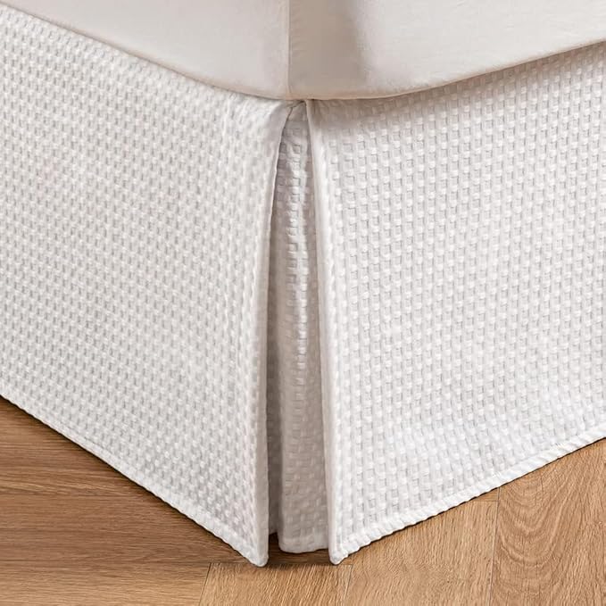 MIYE Pleated Waffle Weave Bed Skirt, Tailored Dust Ruffle 16 Inch Drop Easy Fit, Machine Washable (White, Full - 16" Drop)