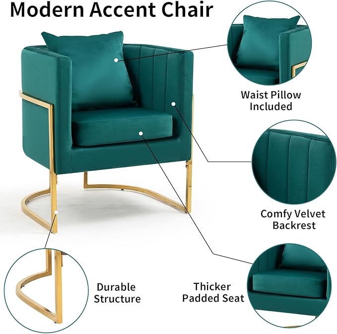 Velvet Modern Accent Chairs Set of 2, Upholstered Barrel Armchair Mid Century with Pillow for Living Room, Comfy Single Vanity Chair with Metal Gold Legs for Bedroom, Green