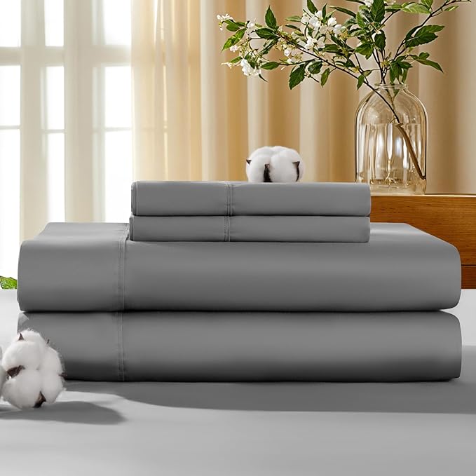 LBRO2M 100% Cotton Sheets Set Deep Pocket 19", 1000 Thread Count King Size 4 Piece Bed Sheet Sets Soft Comfortable Bedding All Season (King, Gray)