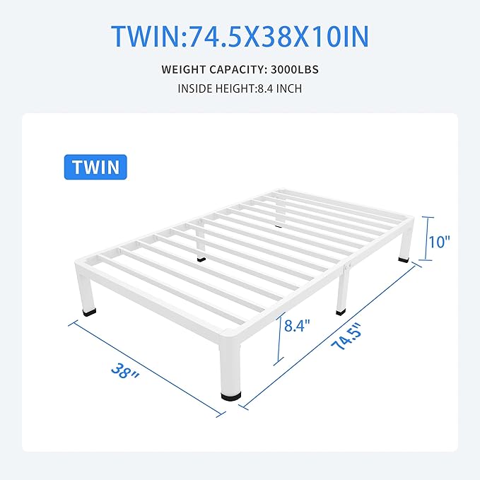 MAF 10 Inch Twin Bed Frames White with Round Corner Legs Mattress Slide Stopper No Box Spring Needed Heavy Duty Metal Platform Bed Frame Under-Bed Storage Space, 3000 LBS Steel Slats Support