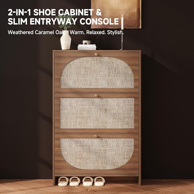 Nicetree Freestanding Ultra Slim Arched Rattan Accent Shoe Storage Cabinet for Entryway - 3 Flip Drawers & 3-Tier Adjustable Shelves, Farmhouse Modern Rustic Shoe Rack for Hallway, Foyer